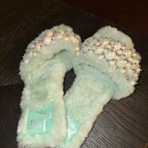 Jeffrey Campbell Mint Faux Fur Pearl-Embellished Slide Mules